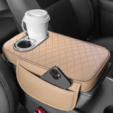 Car Armrest Cushion With 2 Cup Holder And Side Pocket Pu Leather Black