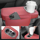 Car Armrest Cushion With 2 Cup Holder And Side Pocket Pu Leather Black