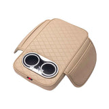 Car Armrest Cushion With 2 Cup Holder And Side Pocket Pu Leather Black