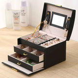 Jewelry Box 3 Layer Faux Leather Makeup Case with 2 Drawers Black
