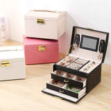 Jewelry Box 3 Layer Faux Leather Makeup Case with 2 Drawers Black