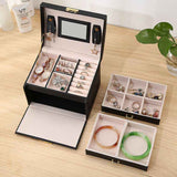 Jewelry Box 3 Layer Faux Leather Makeup Case with 2 Drawers Black