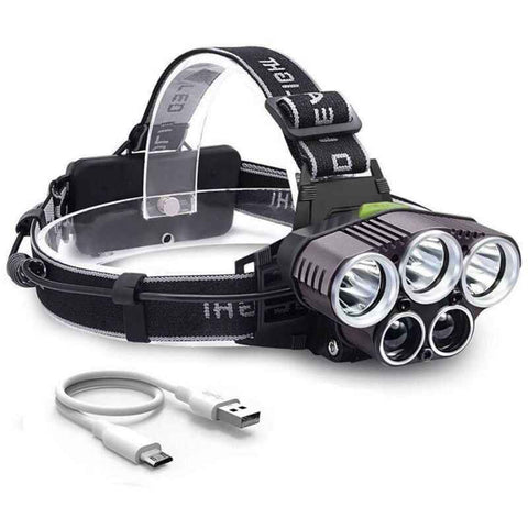 Rechargeable Headlamp 5 LED USB Head Torch 6 Modes Black
