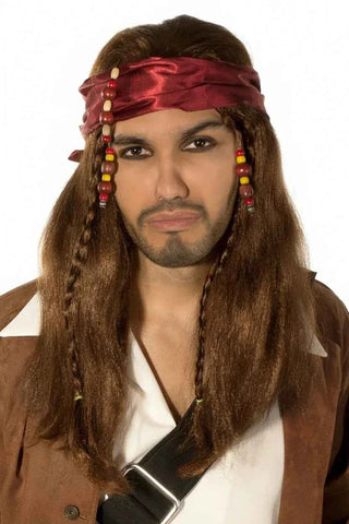 Caribbean Pirate Mens Long Brown Wig and Head Scarf
