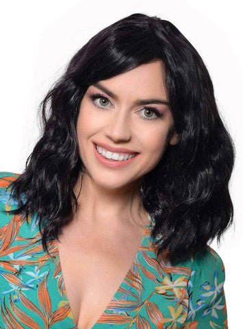 Deluxe Wavy Mid-Length Black Fashion Wig with Skin Top