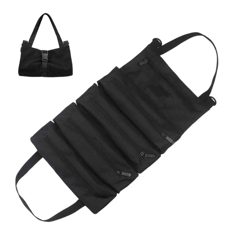 Tool Roll Up Pouch - Canvas Multi-Purpose Wrench Roll Up Bag, Organizer with 5 Zipper Tool Pockets, Hanging Carrier (black)