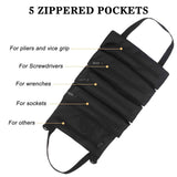 Tool Roll Up Pouch - Canvas Multi-Purpose Wrench Roll Up Bag, Organizer with 5 Zipper Tool Pockets, Hanging Carrier (black)