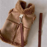Warm and windproof suede dog clothing, suitable for small and medium-sized dogs, pet motorcycle clothing, Brown,S Excluding rope