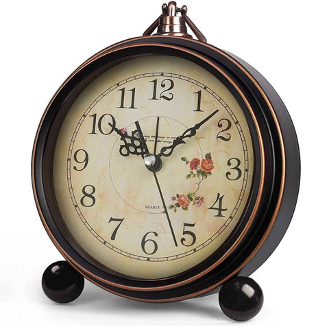 Vintage Analog Alarm Clock, 5 inch Small Silent Desk Clock with Night Light, Battery Operated for Table, Bedroom, Bedside, Living Room, Gift Clock (Flower)