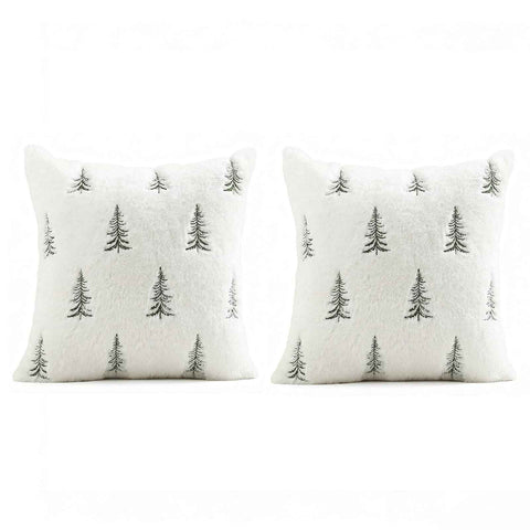 Christmas Pillow Covers 18x18 inch Set of 2 Green Embroidered Christmas Tree Decoration Beige Soft Plush Faux Fur Jacquard Throw Pillows for Bedroom Sofa Holiday Winter Home Decor