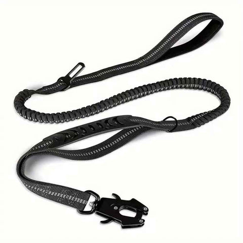 Dog Leash Heavy Duty, Shock Absorbing Bungee Lead with 2 Padded Handle, Metal Carabiner Clip, Car Seatbelt, Strong No Pull Leash for Medium Large Dogs, Black