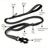 Dog Leash Heavy Duty, Shock Absorbing Bungee Lead with 2 Padded Handle, Metal Carabiner Clip, Car Seatbelt, Strong No Pull Leash for Medium Large Dogs, Black