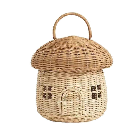 Rattan Storage Basket Mushroom Shaped Woven Basket with Lid, Decorative Woven Handle Basket Fruit Basket