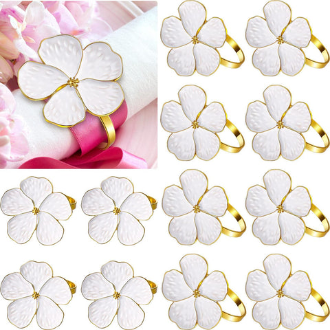 12 Pcs White Flower Napkin Rings Set, Holiday Gold Napkin Ring Holder Floral Serviette Buckles for Wedding Party Banquet