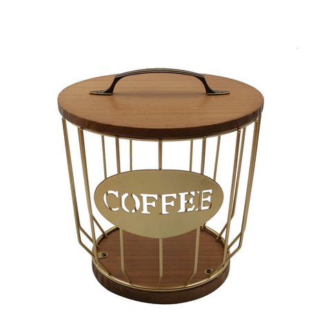 Round Coffee Pods Holder with Wooden Lid and Base,Wire Coffee Pods Storage Basket for Home Cafe Bar Countertop Decor(Gold) In Australia - Darrahopens