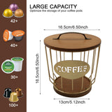 Round Coffee Pods Holder with Wooden Lid and Base,Wire Coffee Pods Storage Basket for Home Cafe Bar Countertop Decor(Gold)