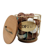 Round Coffee Pods Holder with Wooden Lid and Base,Wire Coffee Pods Storage Basket for Home Cafe Bar Countertop Decor(Gold)