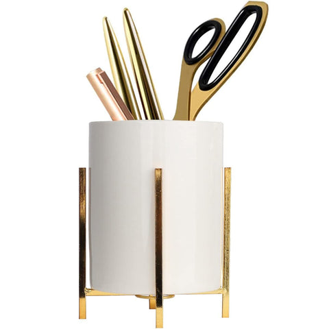 Gold pencil cup Sturdy metal frame with white ceramic pen holder For desks and kitchen appliance holders(1set 4.6-3.14in) In Australia - Darrahopens