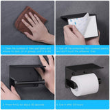Self Adhesive Toilet Paper Holder with Phone Shelf Stainless Steel Wall Mounted Toilet Paper Roll Holder - Rustproof Black
