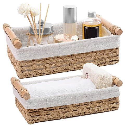 Storage Basket, Wicker Baskets for Organizing with Handle, Decorative Bins for Countertop, Toilet Paper Basket for(Set of 2,Beige) In Australia - Darrahopens