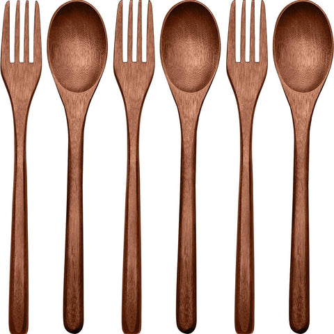 6pcs Wooden Spoons Forks Set Wood Dinner Utensil Set Reusable Flatware Tableware Set Handmade Natural Cutlery Set Includes Wood