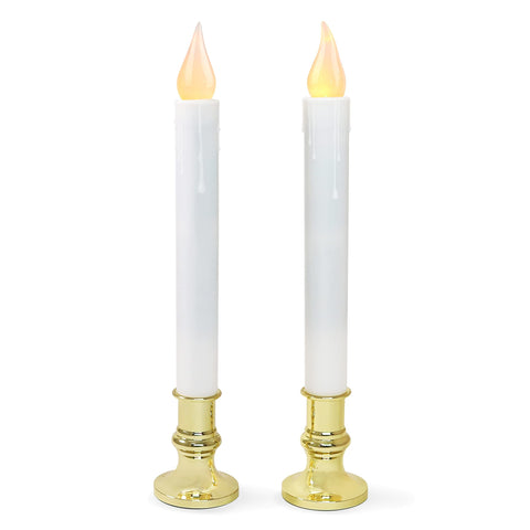 LED White Taper Candles with Gold Holders Pack of 2, Elegant Glow Centerpieces Flameless Candlesticks for Home Décor