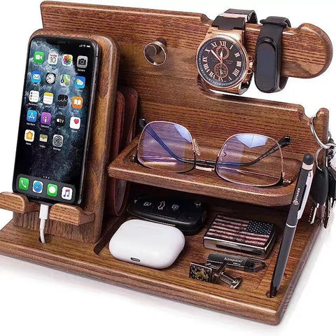 Solid wood mobile phone stand, desktop creative storage rack, multifunctional for hanging watches, glasses, keys In Australia - Darrahopens