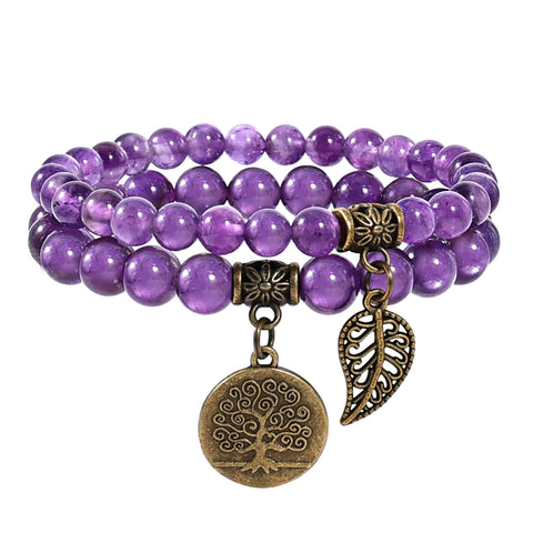 Ladies' Stone Bead Bracelet - Life Tree and Leaf Charm Energy Elastic Bracelet Purple Bracelet Hand String Jewelry