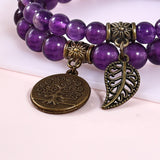 Ladies' Stone Bead Bracelet - Life Tree and Leaf Charm Energy Elastic Bracelet Purple Bracelet Hand String Jewelry