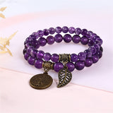 Ladies' Stone Bead Bracelet - Life Tree and Leaf Charm Energy Elastic Bracelet Purple Bracelet Hand String Jewelry