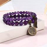 Ladies' Stone Bead Bracelet - Life Tree and Leaf Charm Energy Elastic Bracelet Purple Bracelet Hand String Jewelry