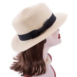 Straw Boater Hat Foldable Packable Beach Hat for Summer Tea Party Sun Hats for Women Bowknot Wide Brim Cap