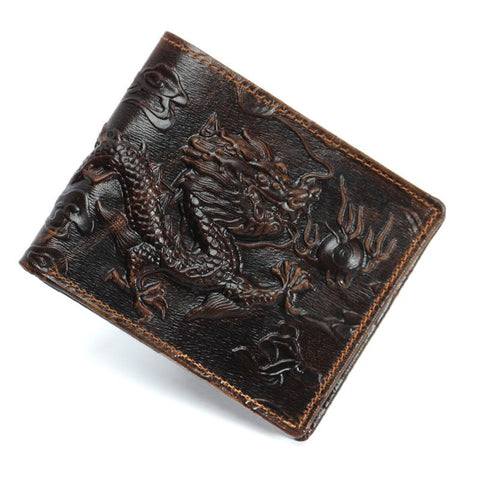 Men's leather increased capacity wallet, double fold slim fit brown front pocket, carved dragon wallet