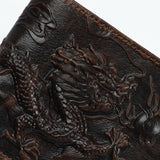Men's leather increased capacity wallet, double fold slim fit brown front pocket, carved dragon wallet