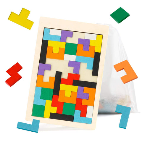Wooden Russian Blocks for Kids Ages 3-8, Educational Gift for Family, Portable Brain Teasers Toy with Storage Bag