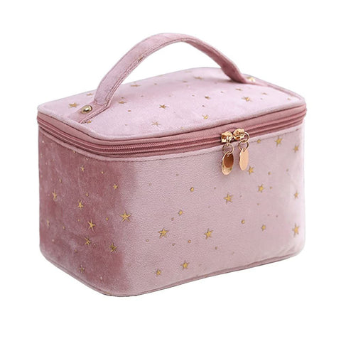 Velvet Makeup Bag with Handle Cosmetic Bags with Makeup Brush Holder Travel Make up Bag for Women, A Pink