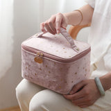 Velvet Makeup Bag with Handle Cosmetic Bags with Makeup Brush Holder Travel Make up Bag for Women, A Pink