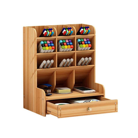 Wooden Desk Organizer with Drawer, DIY Pen Holder Storage Box Creative Desktop Storage Rack for Home, Office and Schoo