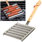 Hot Dog Roller Stainless Steel Sausage Roller Rack with Extra Long Wood Handle, BBQ Hot Dog Griller For Evenly Cooked Hot Dogs