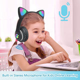 Children's headphones with microphone LED light, cat ear Bluetooth headphones, foldable stereo ear hanging headphones