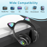 Children's headphones with microphone LED light, cat ear Bluetooth headphones, foldable stereo ear hanging headphones