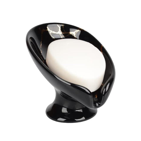 Soap Dish, Ceramic Soap Holder Self Draining Leaf Shape Bar Soap Holder, Marble Look Black Drain Soap Dish Holder for Bathroom