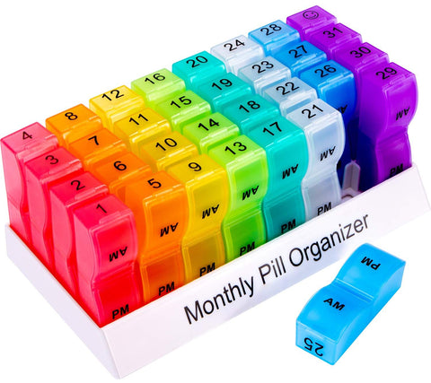 Monthly Pill Organizer For 30 Day, 2 Times a Day, One Month Pill Case AM PM, Travel 4 Week Pill Box, 31 Day Pill Medicine