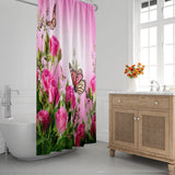Butterfly Floral Shower Curtain 72 x 72 Inch, Pink Rose Blossom Shower Curtain Spring Romance Flower Bouquet Shower Curtain