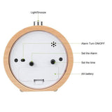 Wood Analog Alarm Clock - Round Battery-Operated Non-Ticking Clock with Snooze Button and Light - Light Brown