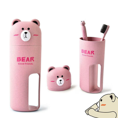 3 set Wheat Stalk Cartoon Bear Toothbrush Toothpaste Case Box, Travel Tooth Brush Cup, Travel Storage of Toothbrush Supplies
