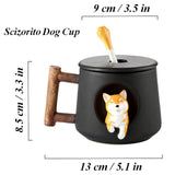 Cute Dog Couple Cup, Ceramic Coffee Mug with a Lid, Cute Paws on the Top of the Spoon, with Matte Texture, (420ML Black Head)