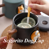 Cute Dog Couple Cup, Ceramic Coffee Mug with a Lid, Cute Paws on the Top of the Spoon, with Matte Texture, (420ML Black Head)