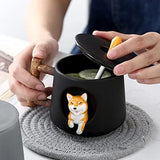 Cute Dog Couple Cup, Ceramic Coffee Mug with a Lid, Cute Paws on the Top of the Spoon, with Matte Texture, (420ML Black Head)