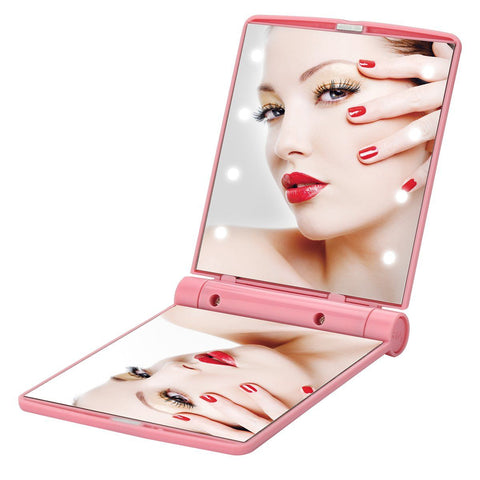 Makeup Mirror, Compact Mirror Travel Folding with Lights, Portable Handheld Mini Pocket Purse Size Mirrors for Women (Pink)